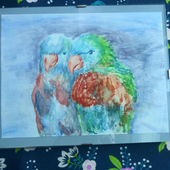 Parrots Original Watercolor Painting Wall Art Love Birds Handmade Artisan - Picture 4 of 10